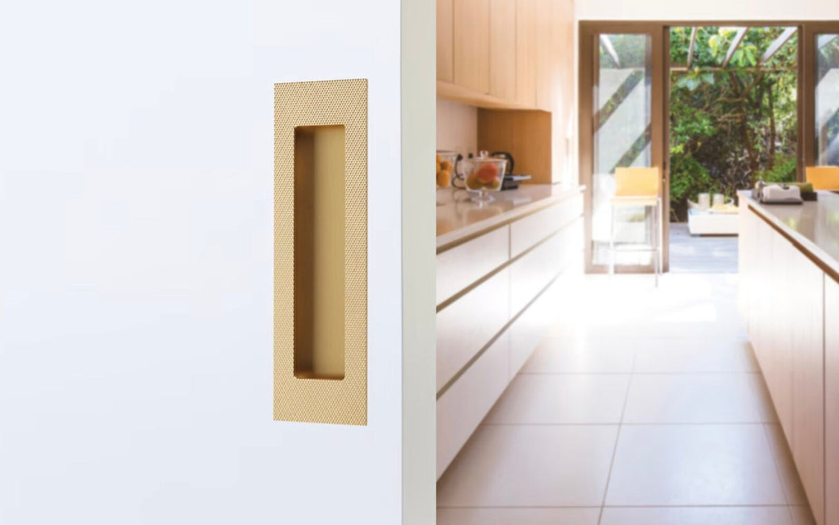 Modern Knurled Rectangular Solid Brass Recess Door Pull in Satin Brass - Forge Hardware Studio