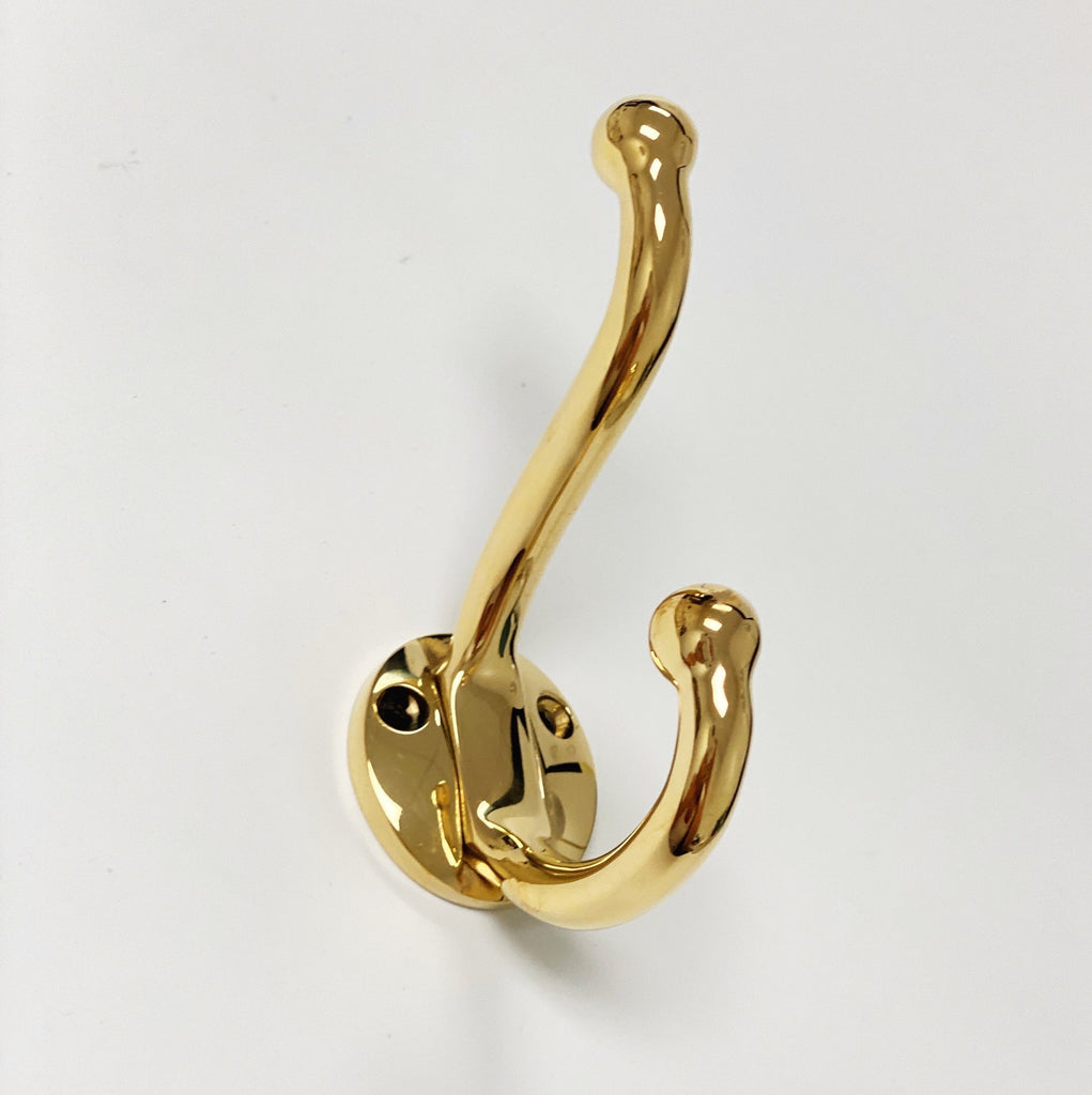 Polished Unlacquered Brass "Heritage" Wall Hook, Brass Wall Coat Hook - Forge Hardware Studio