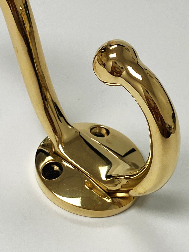 Polished Unlacquered Brass "Heritage" Wall Hook, Brass Wall Coat Hook - Forge Hardware Studio