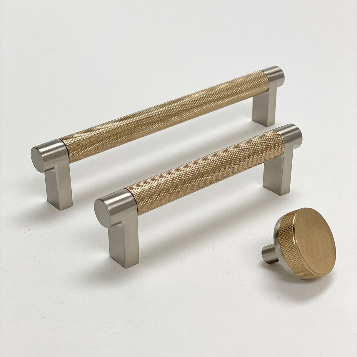 Knurled "Converse" Brushed Nickel and Champagne Bronze Dual-Finish Knobs and Pulls - Forge Hardware Studio