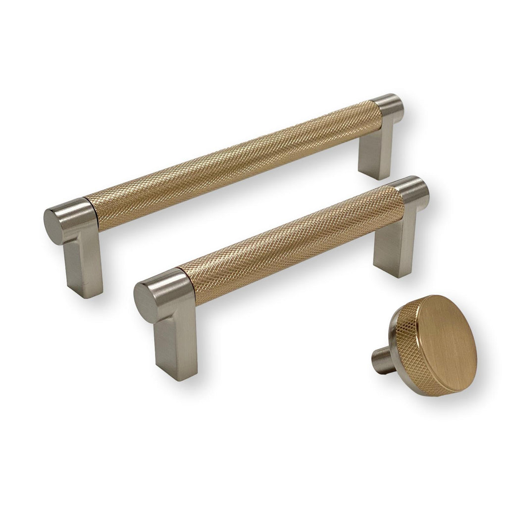 Knurled "Converse" Brushed Nickel and Champagne Bronze Dual-Finish Knobs and Pulls - Forge Hardware Studio