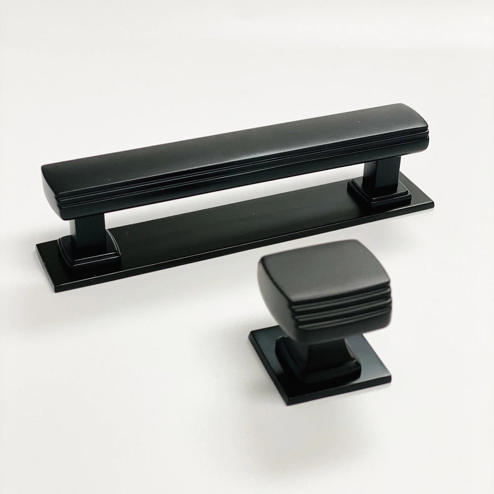 Matte Black Square Art Deco Drawer Pull or Knob w/ Backplate - Forge Hardware Studio