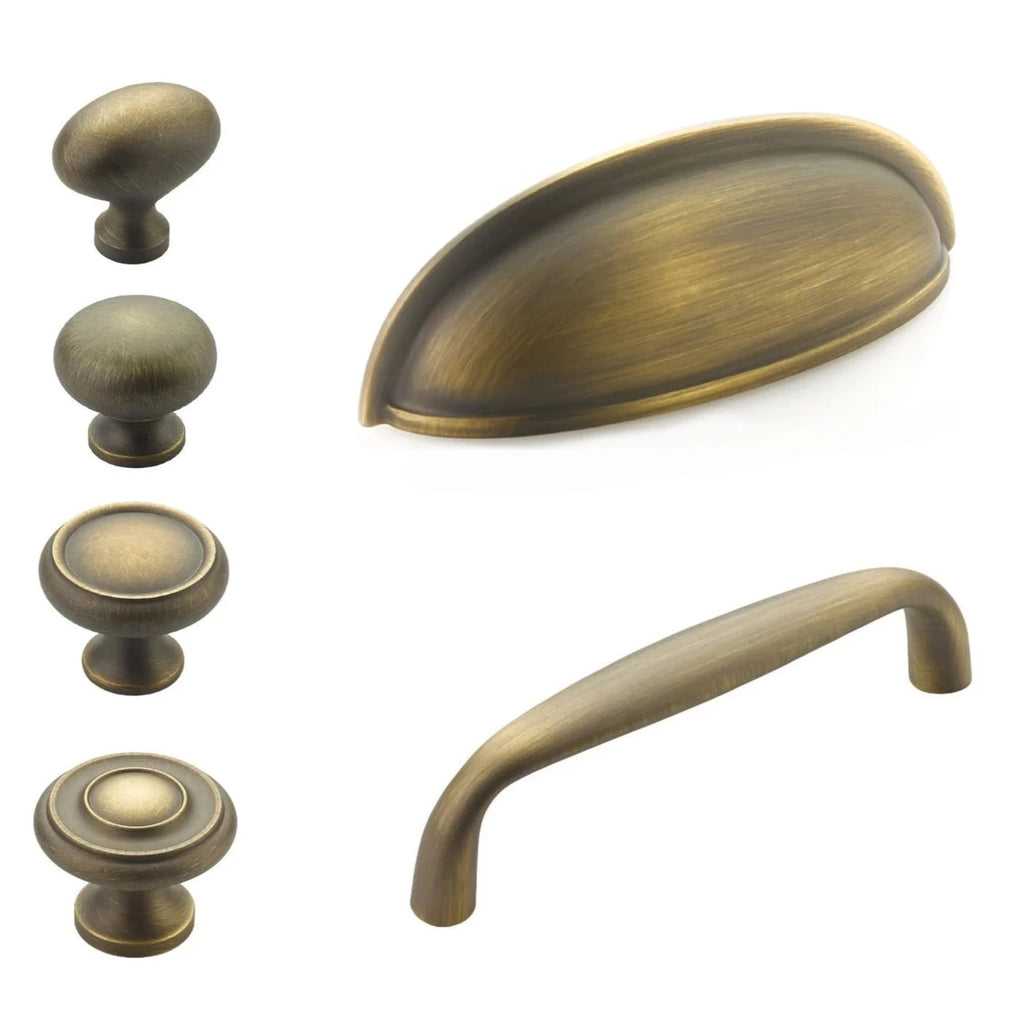 Traditional "Joy" Drawer Pulls in Satin Antique Brass - Forge Hardware Studio