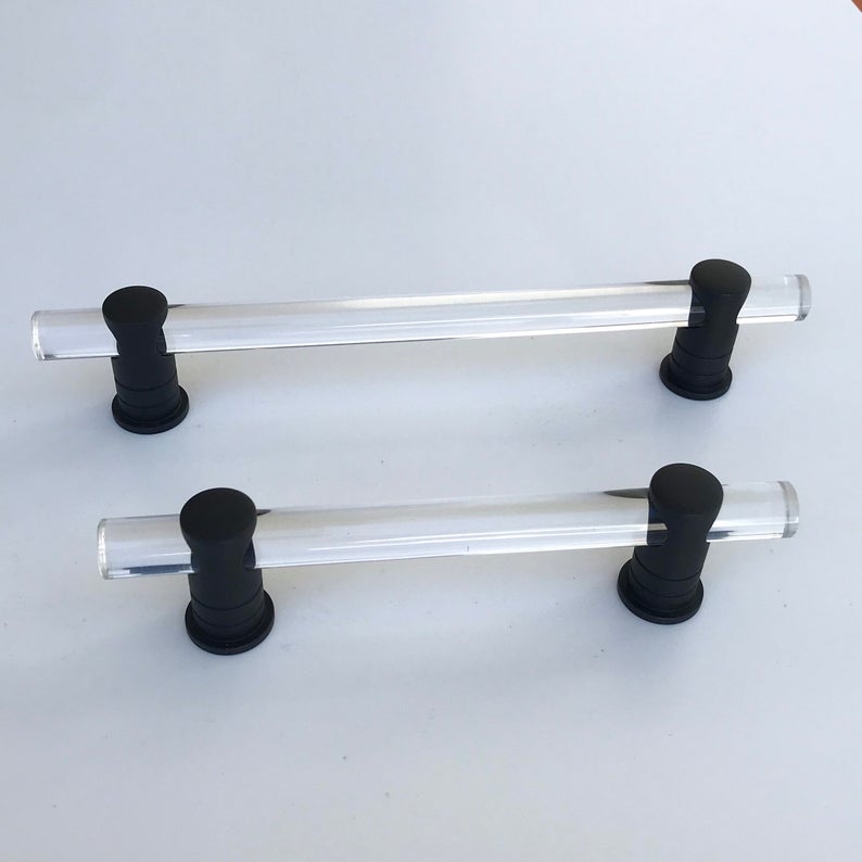 Matte Black and Lucite "Luz" Cabinet Knobs and Drawer Pulls (Adjustable) - Brass Cabinet Hardware 