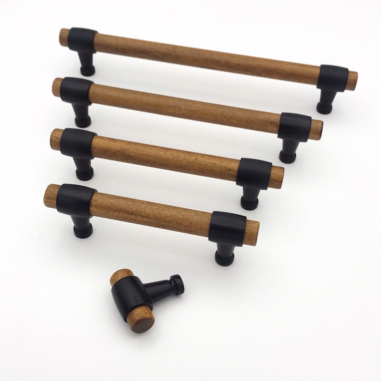 Pine Wood and Black "Vara" Cabinet Knob and Drawer Handles - Brass Cabinet Hardware 