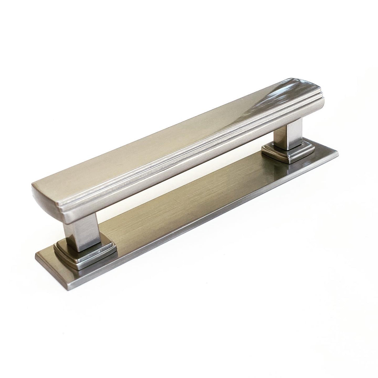 Satin Nickel Square 4" Art Deco Drawer Pull w/ Backplate - Forge Hardware Studio