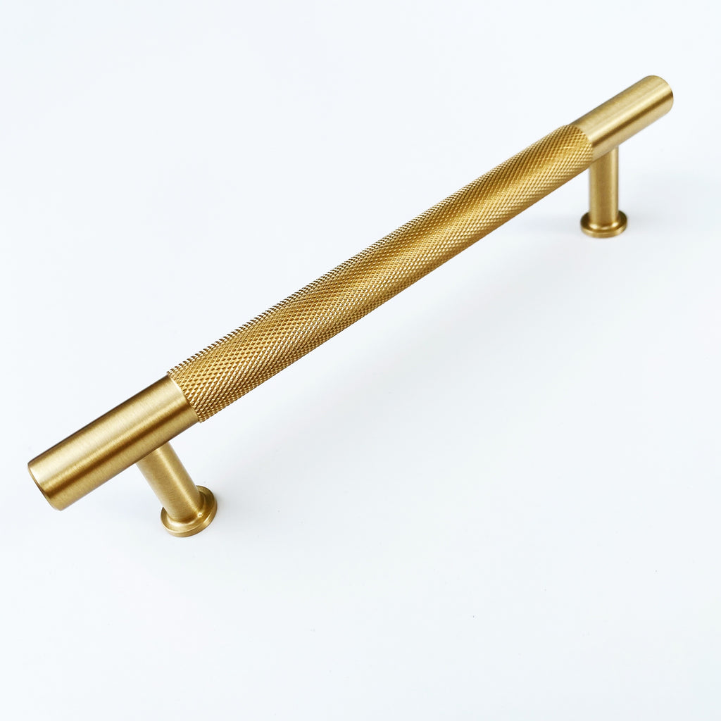 Brass Solid "Texture No.2" Knurled Drawer Pulls and Knobs in Satin Brass - Forge Hardware Studio