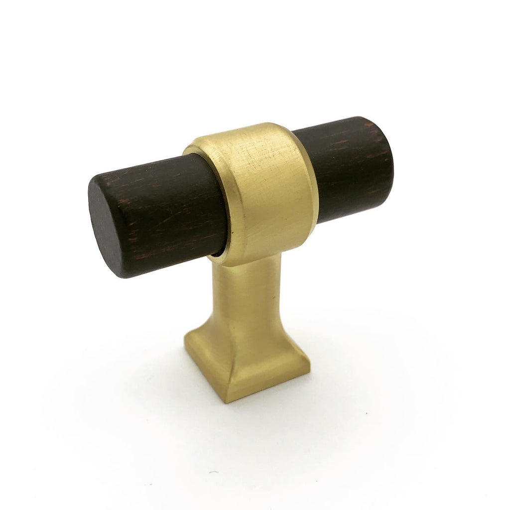 Wood and Brass 1-9/16"  T-Bar Cabinet Knob - Brass Cabinet Hardware 