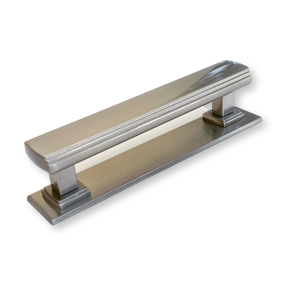 Satin Nickel Square 4" Art Deco Drawer Pull w/ Backplate - Forge Hardware Studio