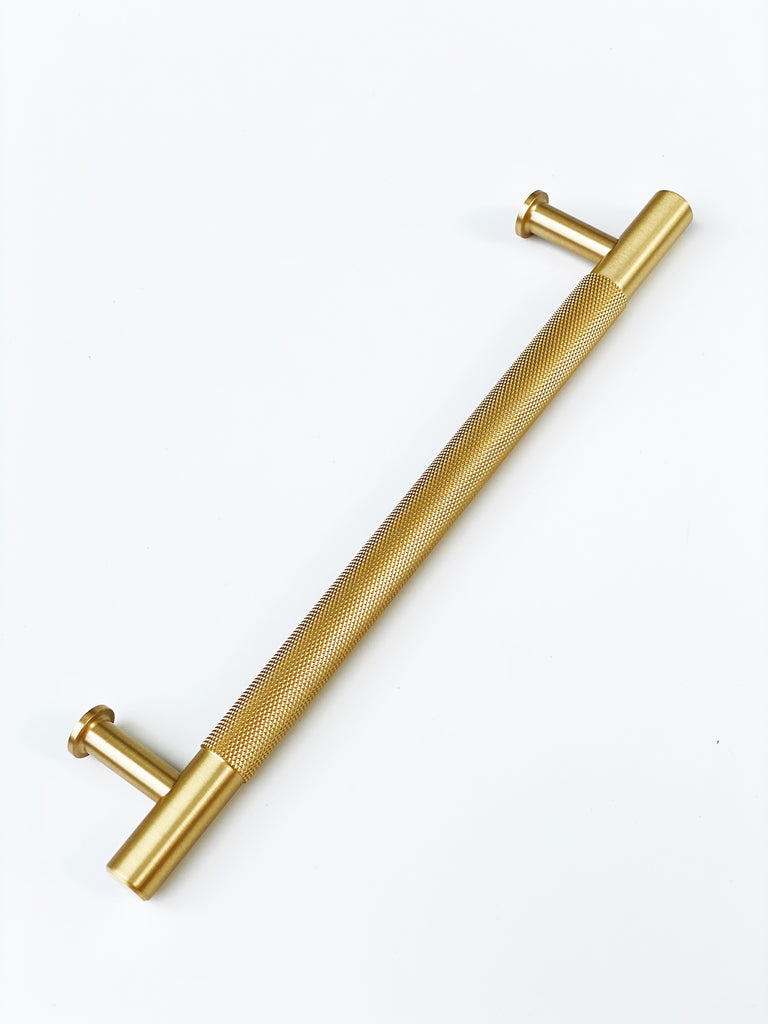 Brass Solid "Texture No.2" Knurled Drawer Pulls and Knobs in Satin Brass - Forge Hardware Studio