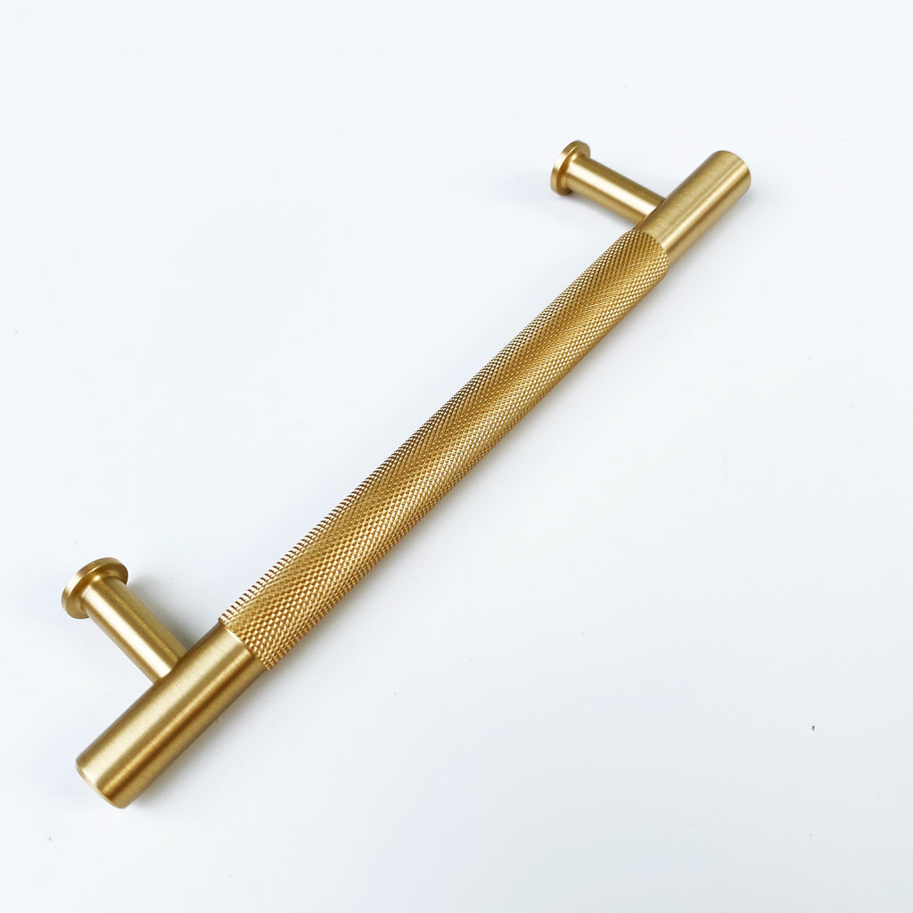 Brass Solid "Texture No.2" Knurled Drawer Pulls and Knobs in Satin Brass - Forge Hardware Studio