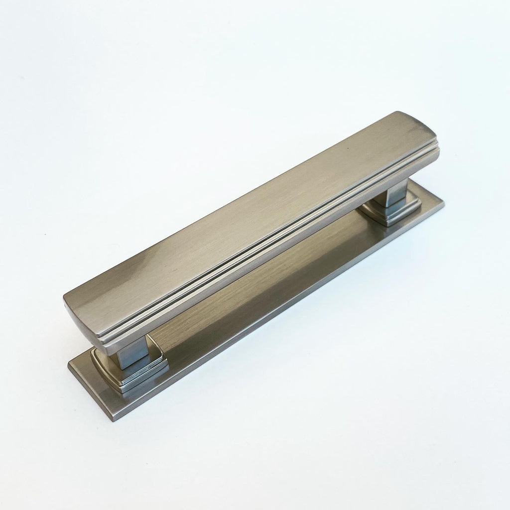 Satin Nickel Square 4" Art Deco Drawer Pull w/ Backplate - Forge Hardware Studio