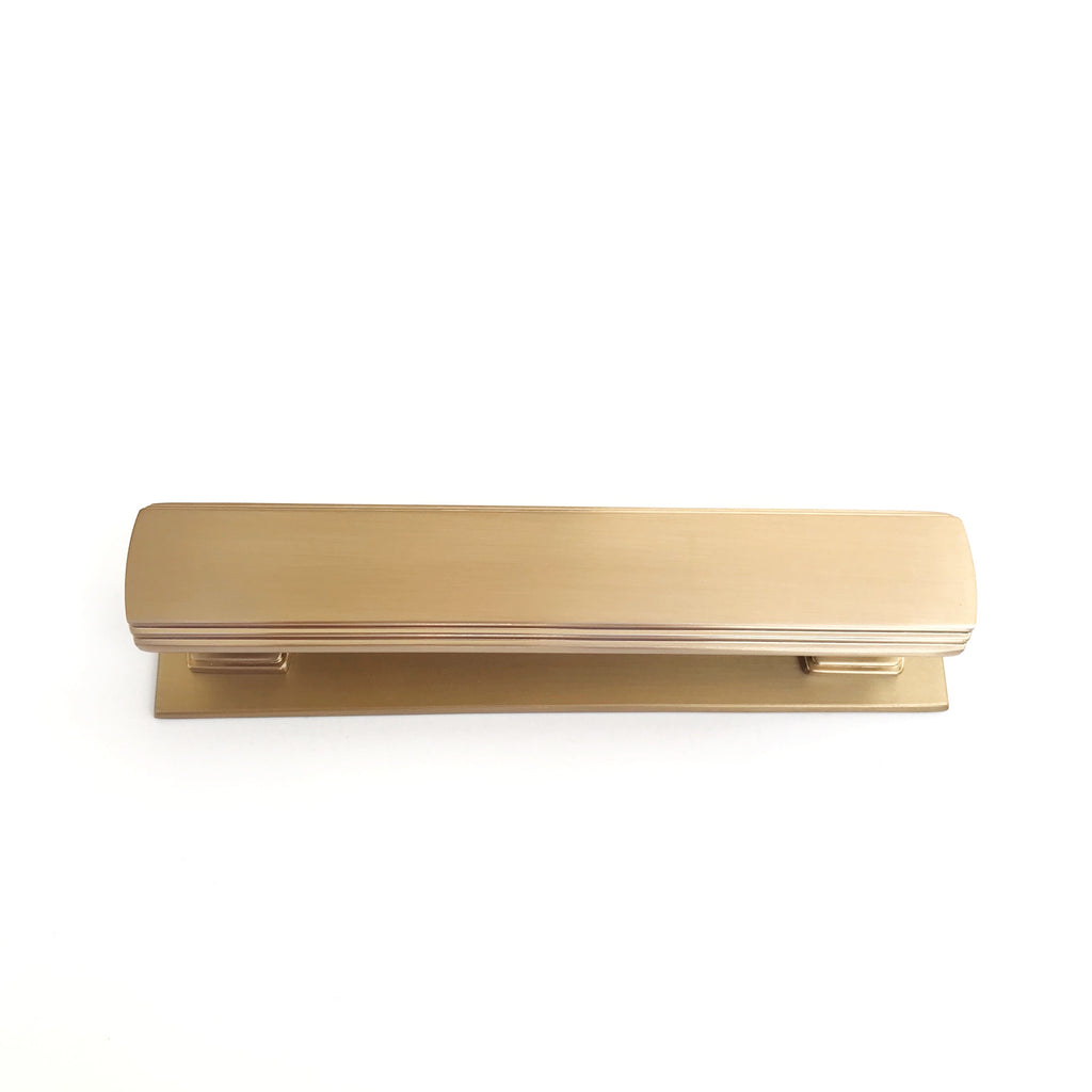 Satin Brass Square 4" Art Deco Drawer Pull w/ Backplate - Brass Cabinet Hardware 