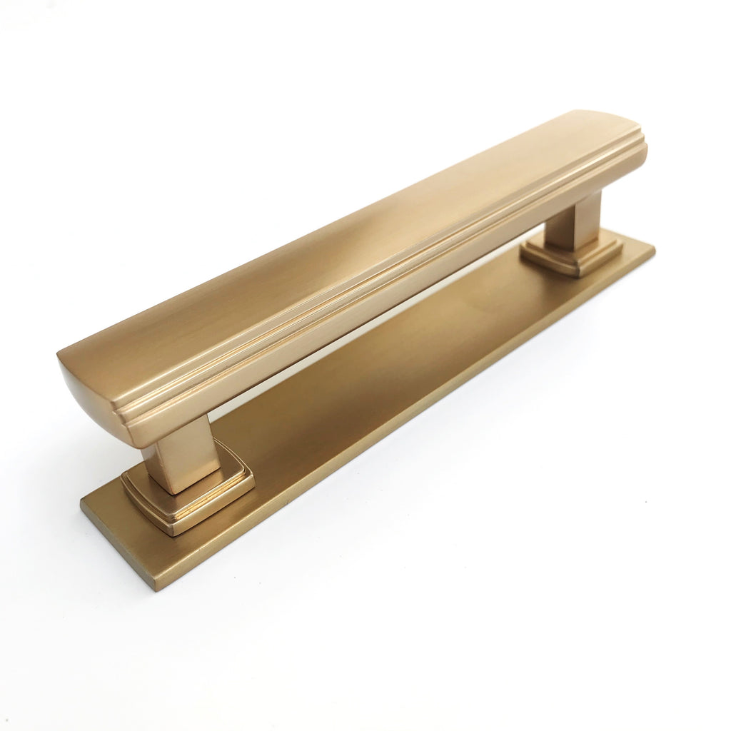 Satin Brass Square 4" Art Deco Drawer Pull w/ Backplate - Brass Cabinet Hardware 