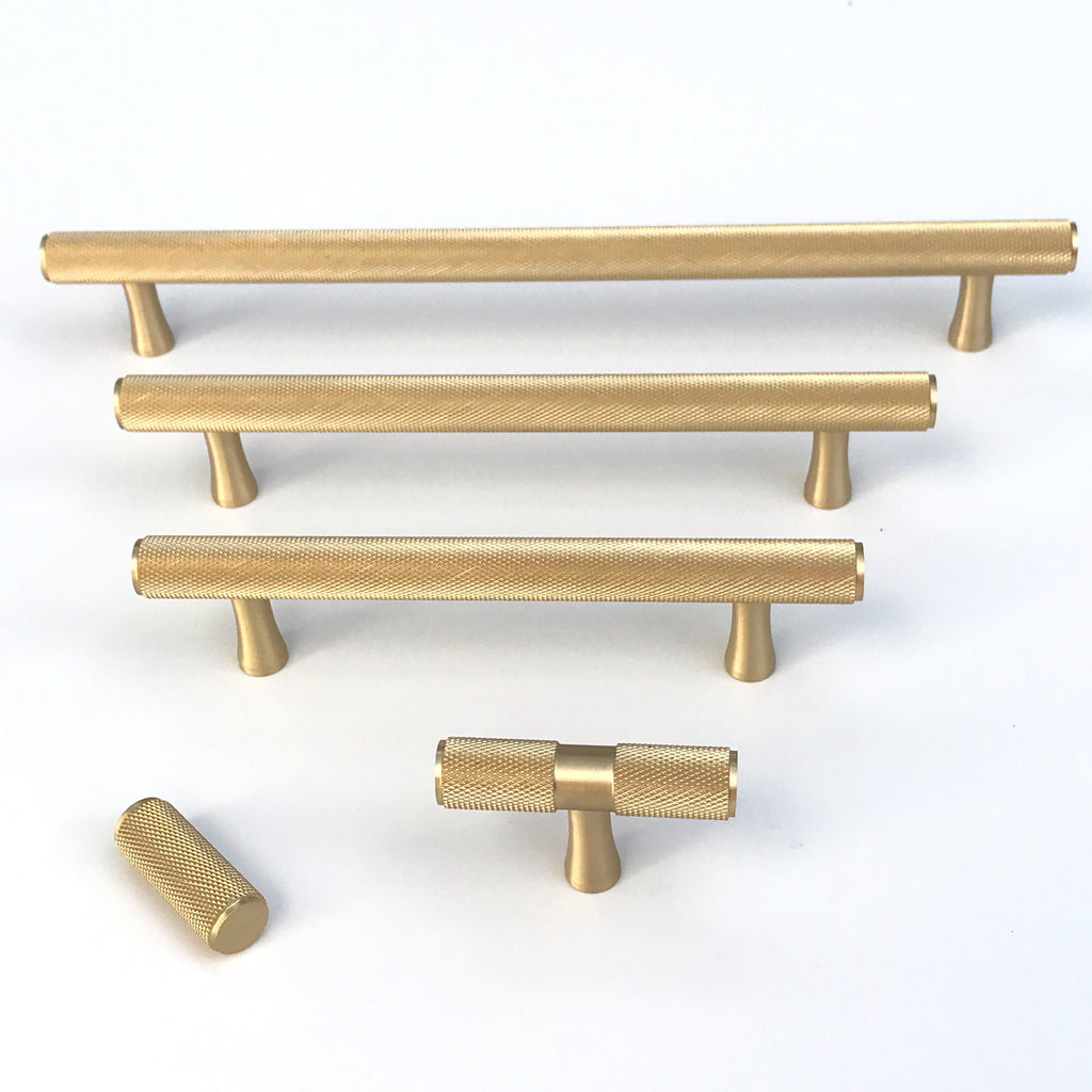 Brass Solid "Texture" Knurled Drawer Pulls and Knobs in Satin Brass - Brass Cabinet Hardware 