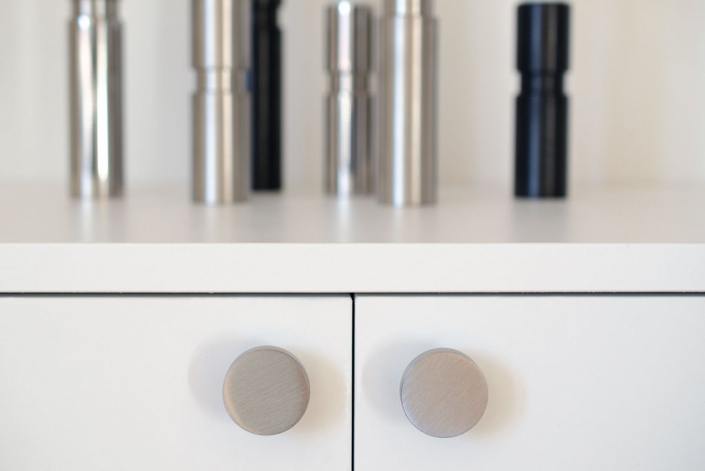 Brushed Nickel "Curve" Cabinet Drawer Pulls and Cabinet Knob - Forge Hardware Studio